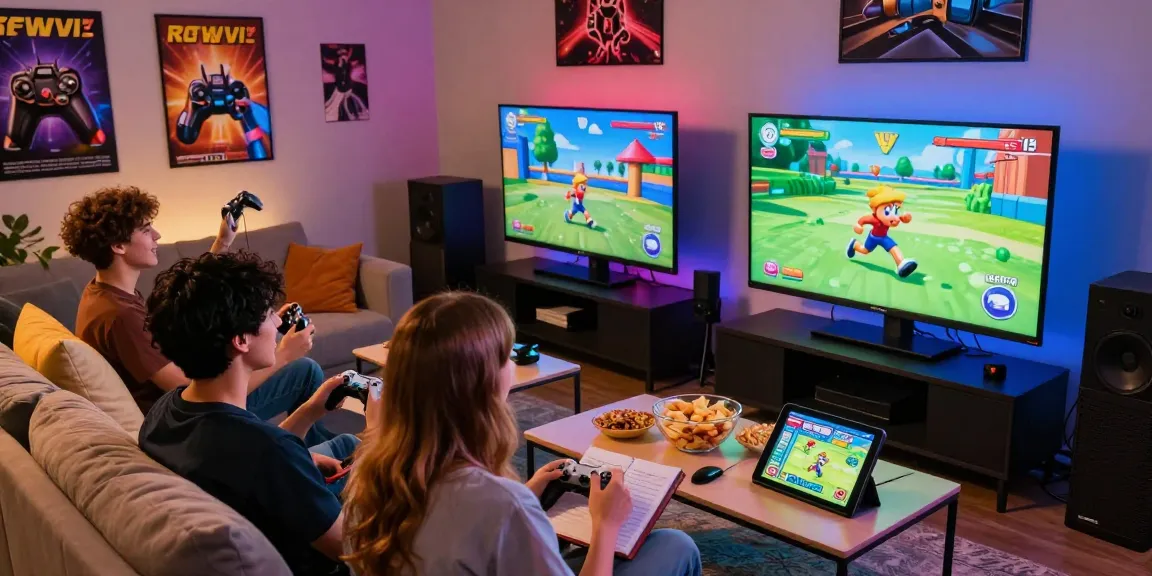 Friends enjoying Wii ROM gaming in a vibrant game lounge