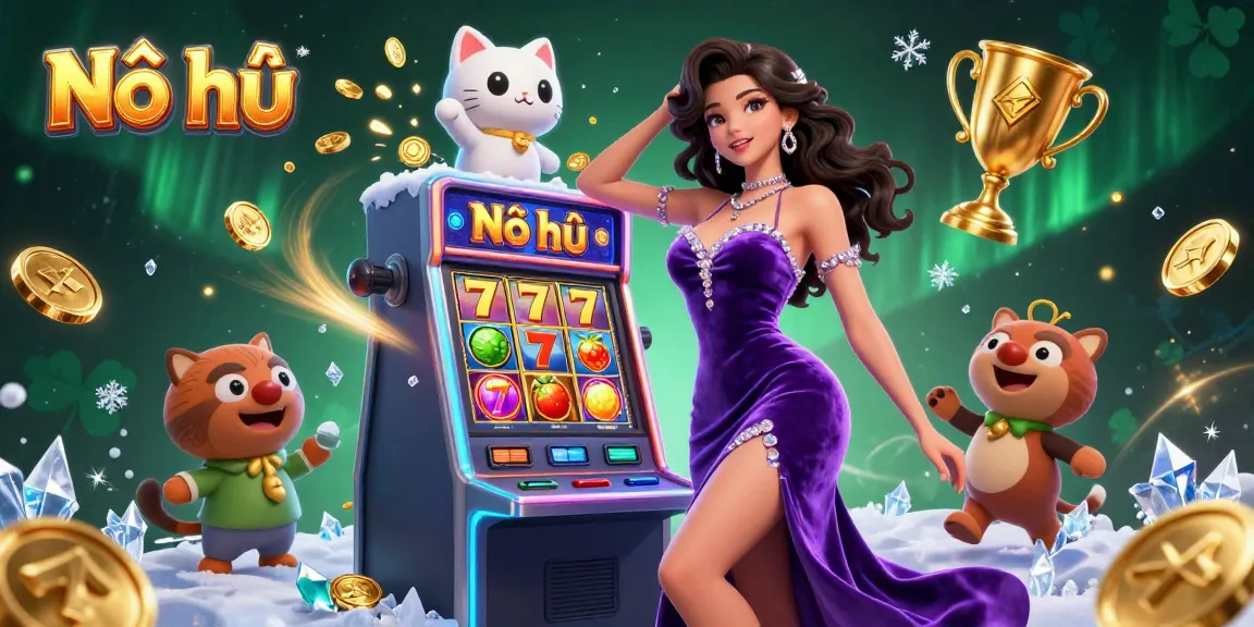 Experience Nổ hũ gameplay excitement with a glamorous figure at a jackpot slot machine alongside a fortune cat, surrounded by dynamic gaming elements.