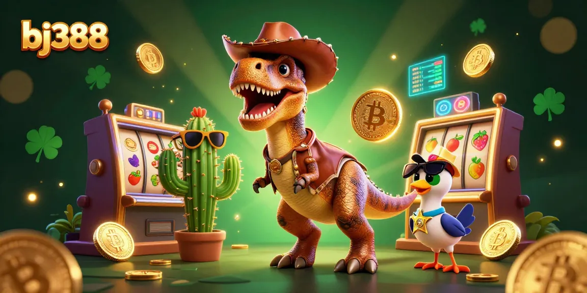 Bet on bj388 with cartoon cowboy dinosaur amid slot machine elements and neon crypto coins.