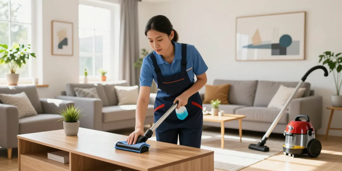 Expert cleaning service in action for hauswartung solothurn, showcasing a professional housekeeper in a bright living room.