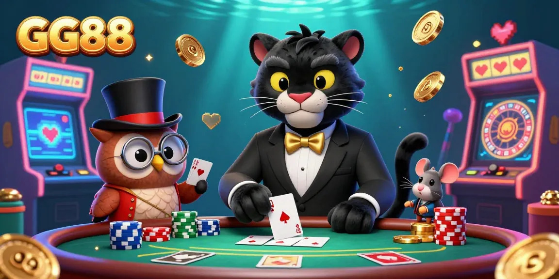 Experience excitement at GG88 with a lively 3D poker scene featuring our stylish panther dealer and golden casino elements.