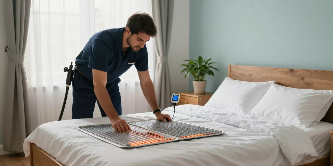 Bed bug heat treatment in action by professional exterminator in a residential bedroom, ensuring effective pest control.