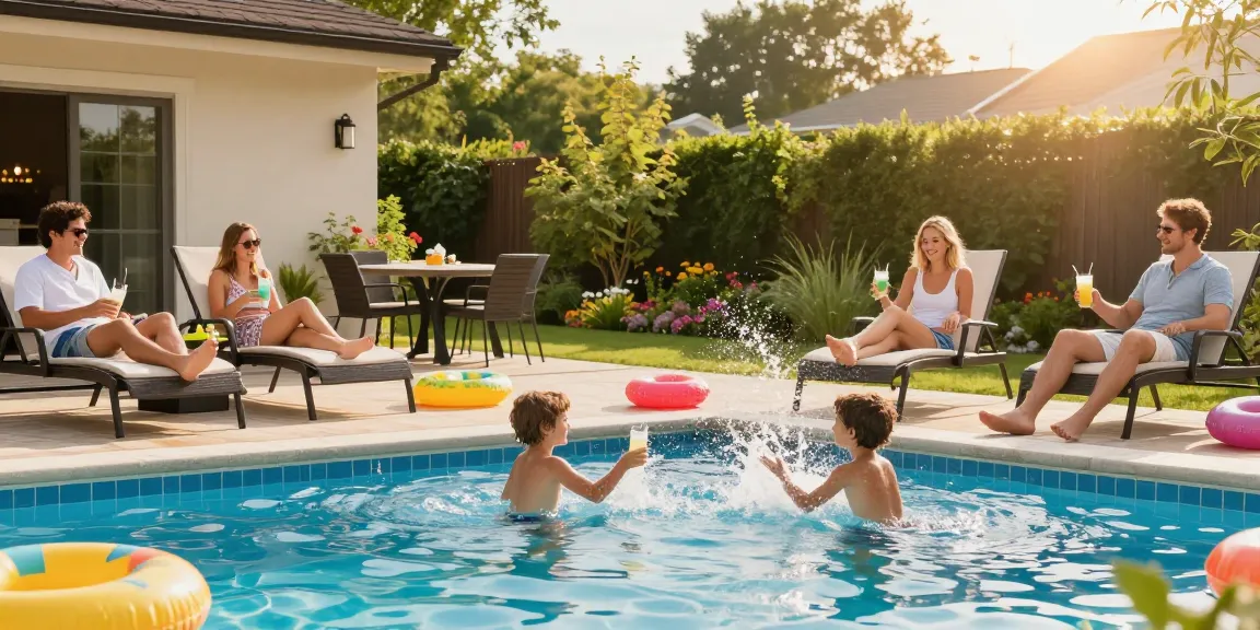 Dolphin Pool Services family enjoying a clean pool with bright sunlight, cozy lounge chairs, and vibrant toys.