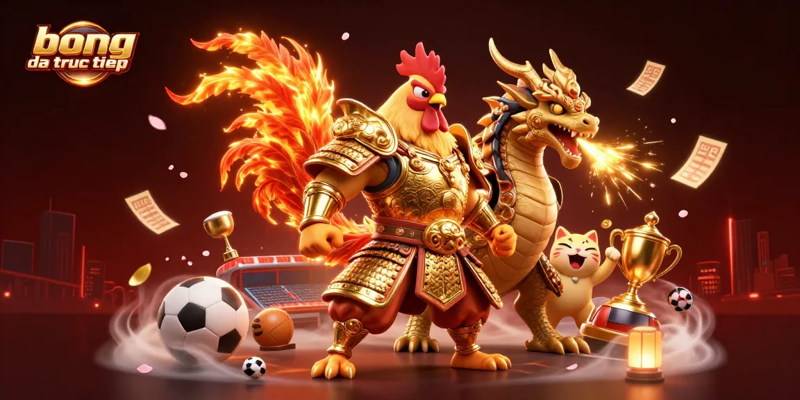 Experience bong da truc tiep with 3D action-packed illustration of sports-themed characters and elements.