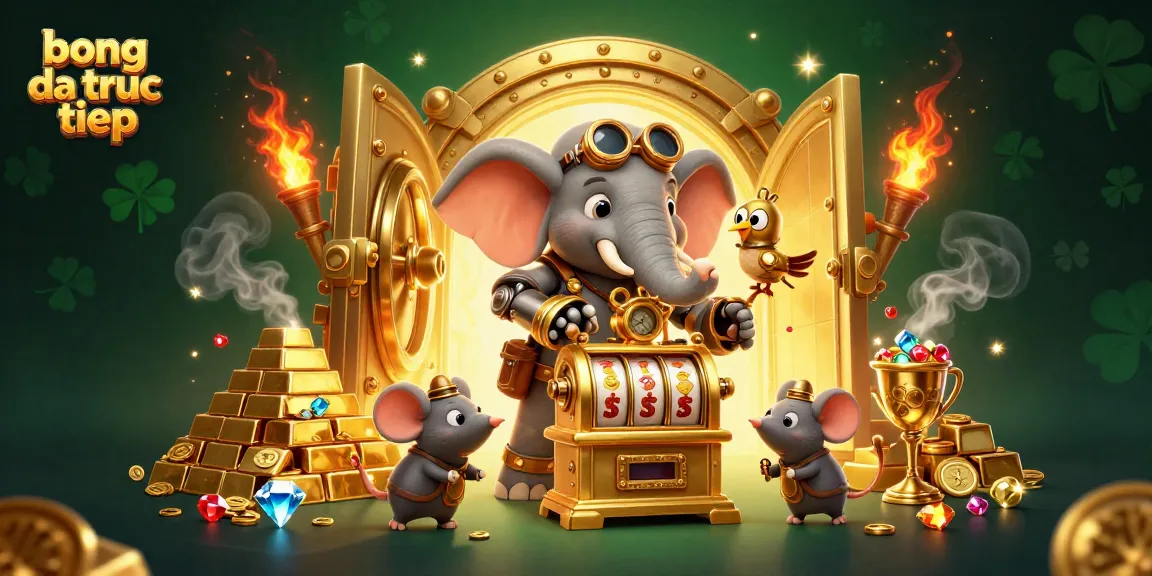Experience two charming mascots operating a golden gambling slot machine while showcasing bong da truc tiep.