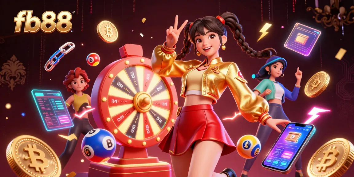 Bet on fb88 with vibrant casino elements featuring an energetic woman and crypto icons.