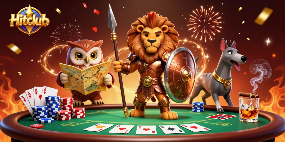 Experience thrilling gameplay at Hitclub with a 3D illustration featuring a Spartan lion, owl strategist, and greyhound messenger.