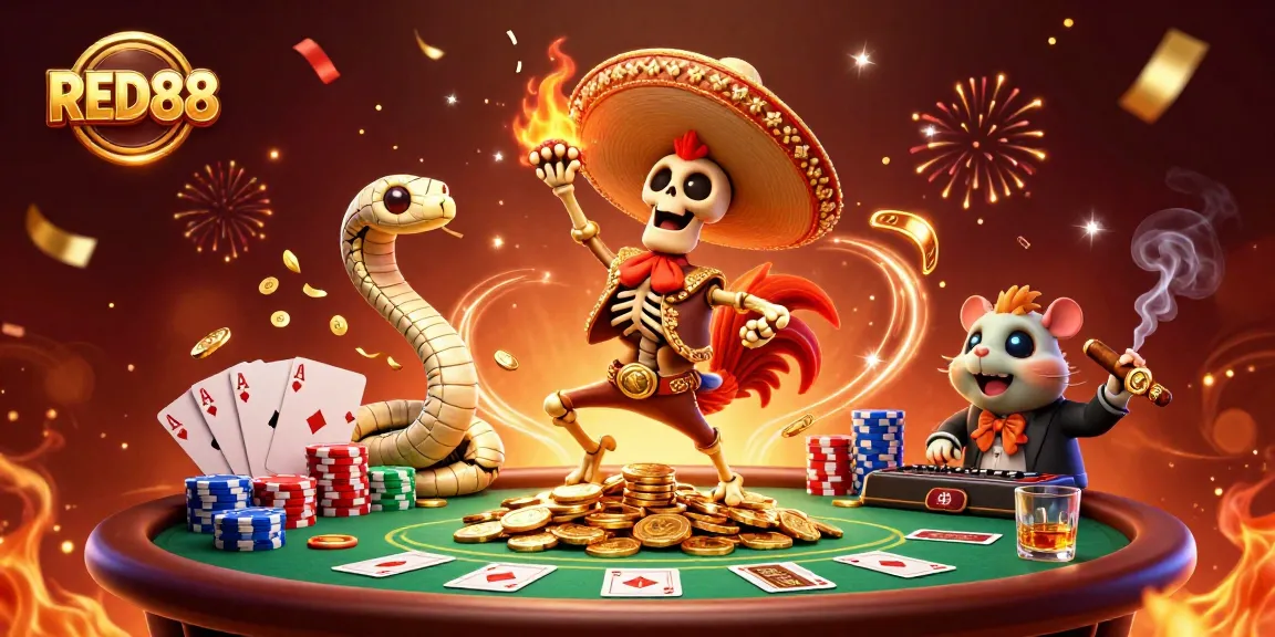Experience the excitement of RED88 with a vibrant casino scene featuring unique characters and rich gaming elements.