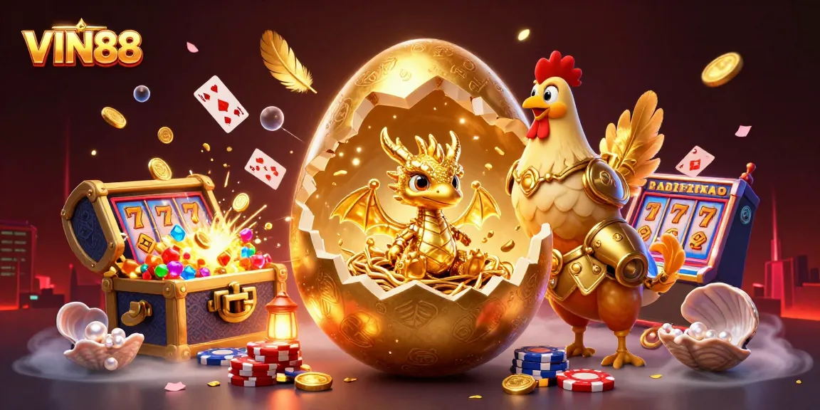 Experience thrilling wins with VIN88 featuring a golden dragon on poker chips, capturing the excitement of online gambling.