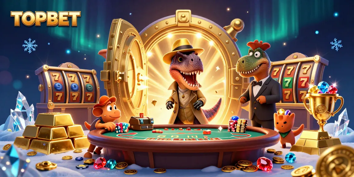 TOPBET velociraptor at the blackjack table with treasures, lively casino atmosphere.