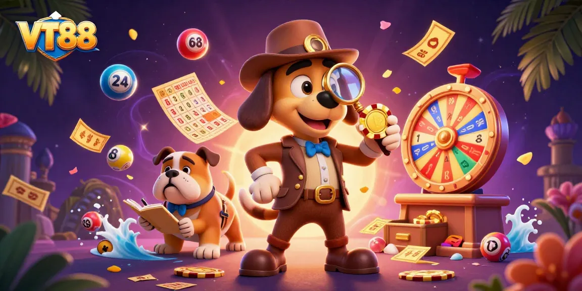 Experience the excitement of VT88's dynamic gaming scene with colorful lottery elements and engaging characters.