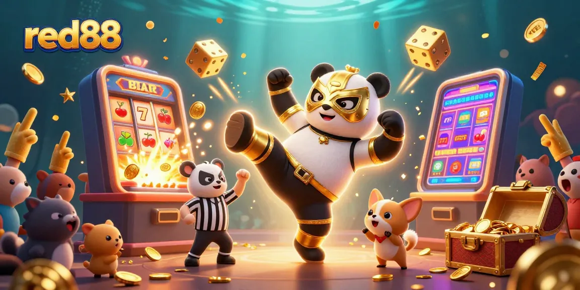 red88 casino game explosion with a panda wrestler, jackpot symbols, and animal crowd excitement