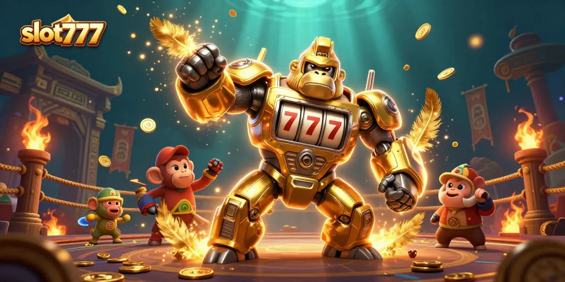Engage with slot777 gameplay featuring fascinating dynamics of a golden gorilla mech and slot elements.