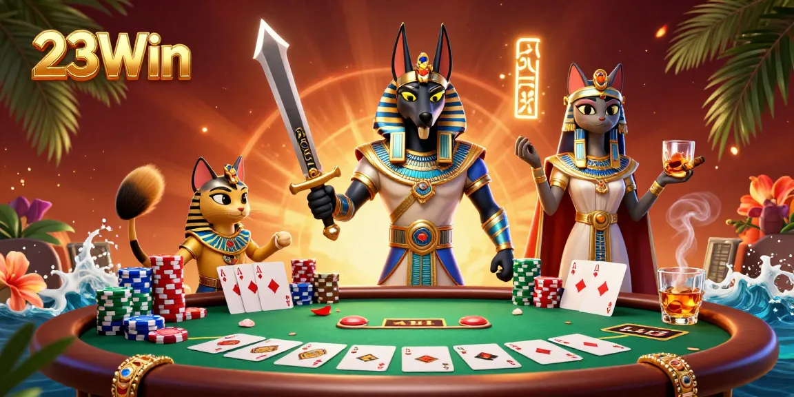 Experience the excitement of 23Win with Anubis and Bastet in a vibrant casino scene full of action.